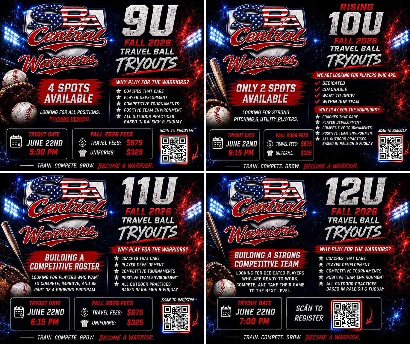 SBA Central Warriors tryout poster