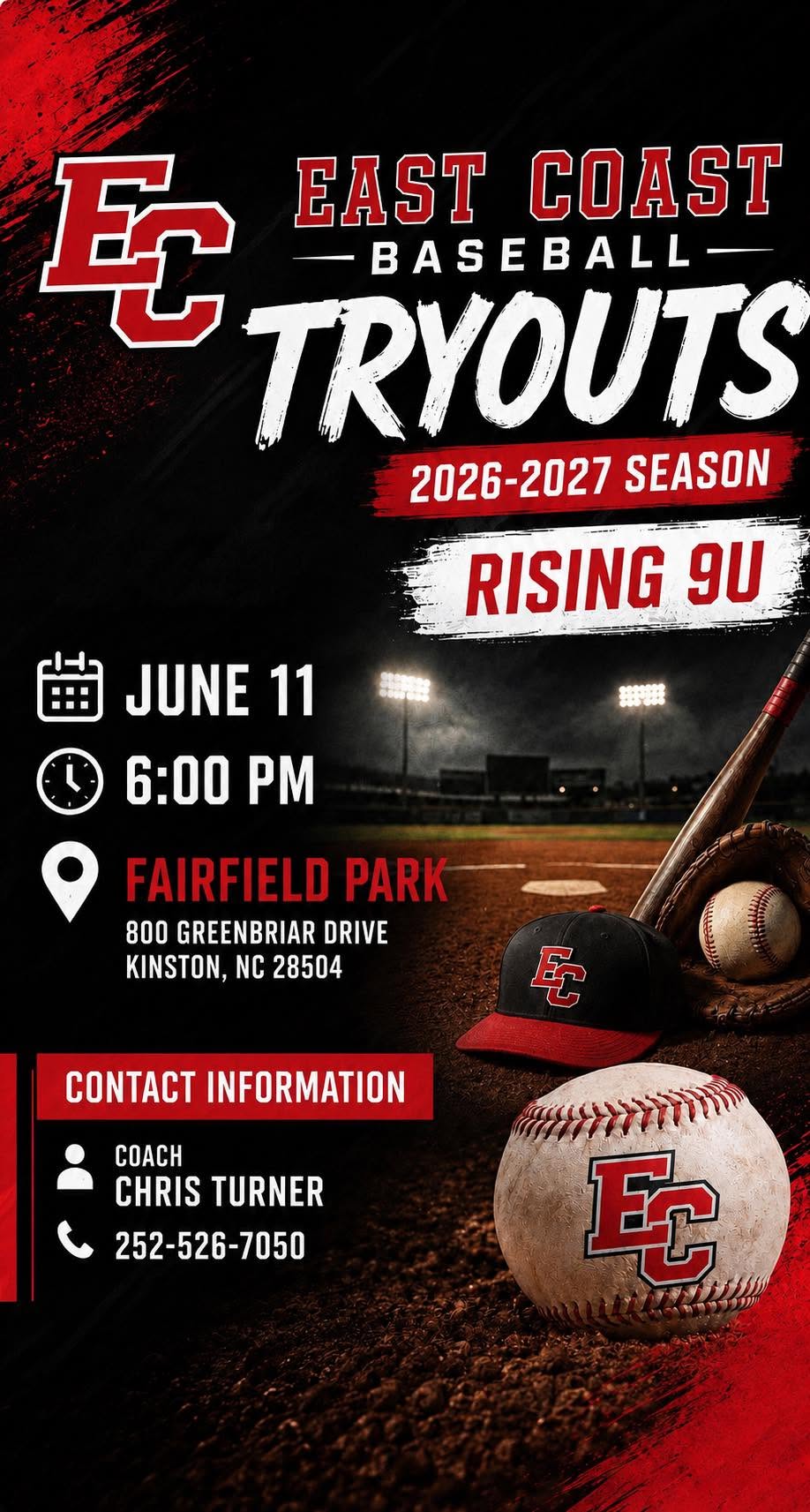 East Coast Baseball tryout poster